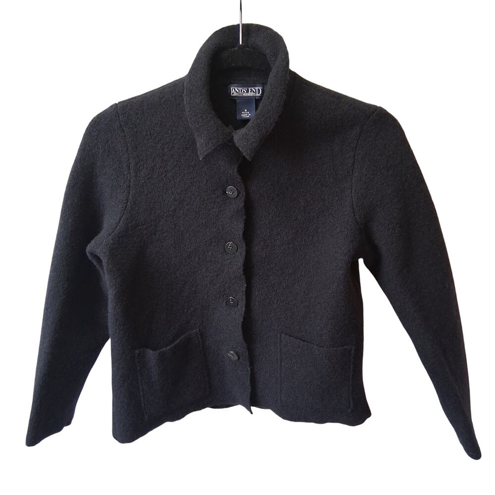 Lands' End Vintage 100% Wool Collared Cropped Jacket Coat Women Black-8 Petite